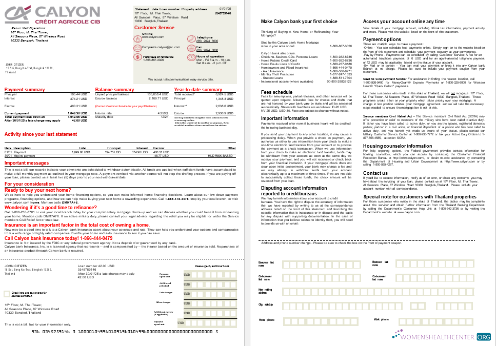 Download Thailand Caylon Bank mortgage statement in Word and PDF formats, 2 pages Photoshop template